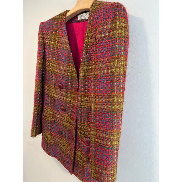 VTG Glimor Tweed Skirt Set Fuchsia Green Double Breasted & Pencil Skirt Sz 12 SG - Picture 7 of 15